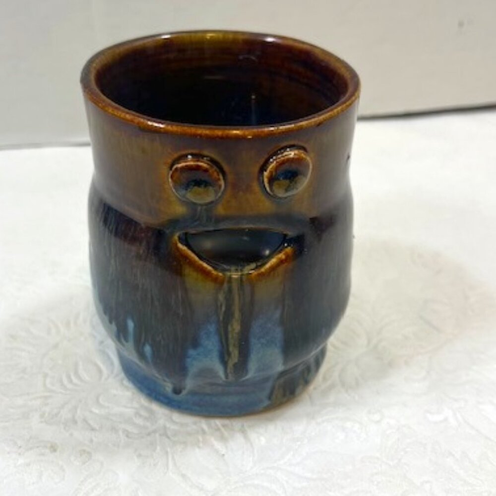 VTG Handmade Glossy Face Art Pottery Ceramic Candle Holder, Nick Knacks, etc 4"